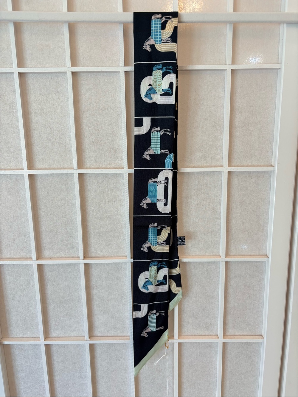 Silk Twilly Scarf with Horse Motif in Navy, Teal & Cream
